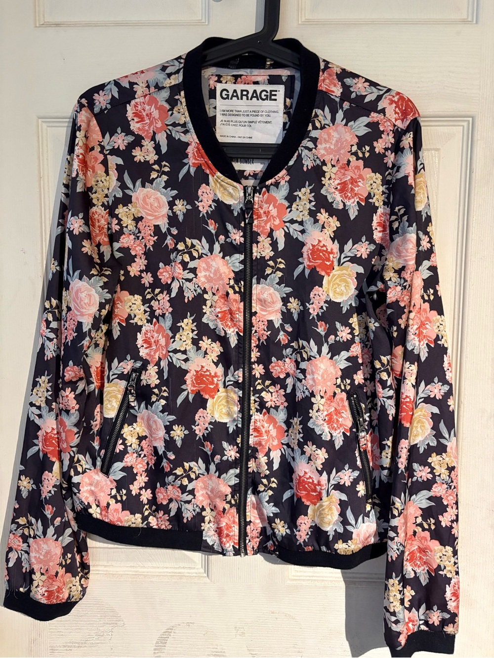 Garage Black Floral Bomber Jacket with Pink & Yellow Flowers